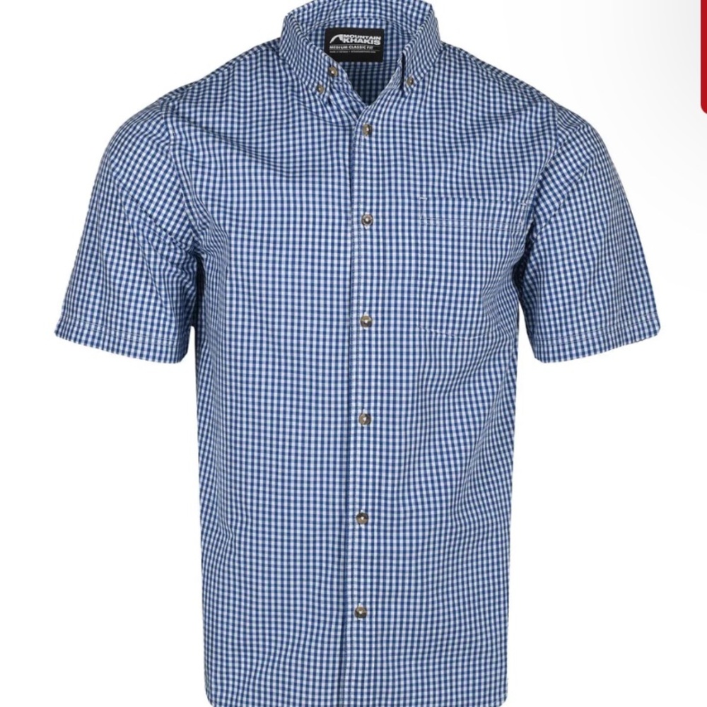 NWT Men’s Mountain Khakis (SM) Button Down Short Sleeve Blue White Gingham Shirt